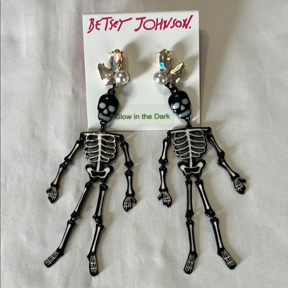 Betsey Johnson Glow in the Dark Skeleton Earrings Hinged Dangle NWT